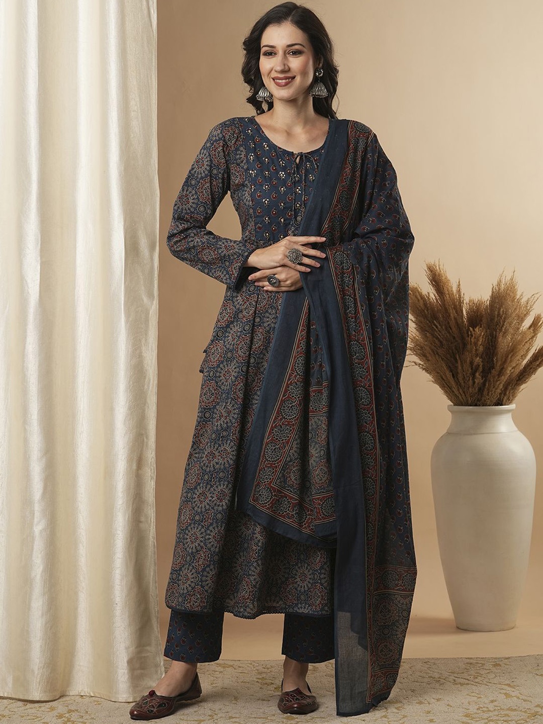 

FASHOR Blue Ethnic Motifs Printed Sequinned Cotton Anarkali Kurta with Trouser & Dupatta