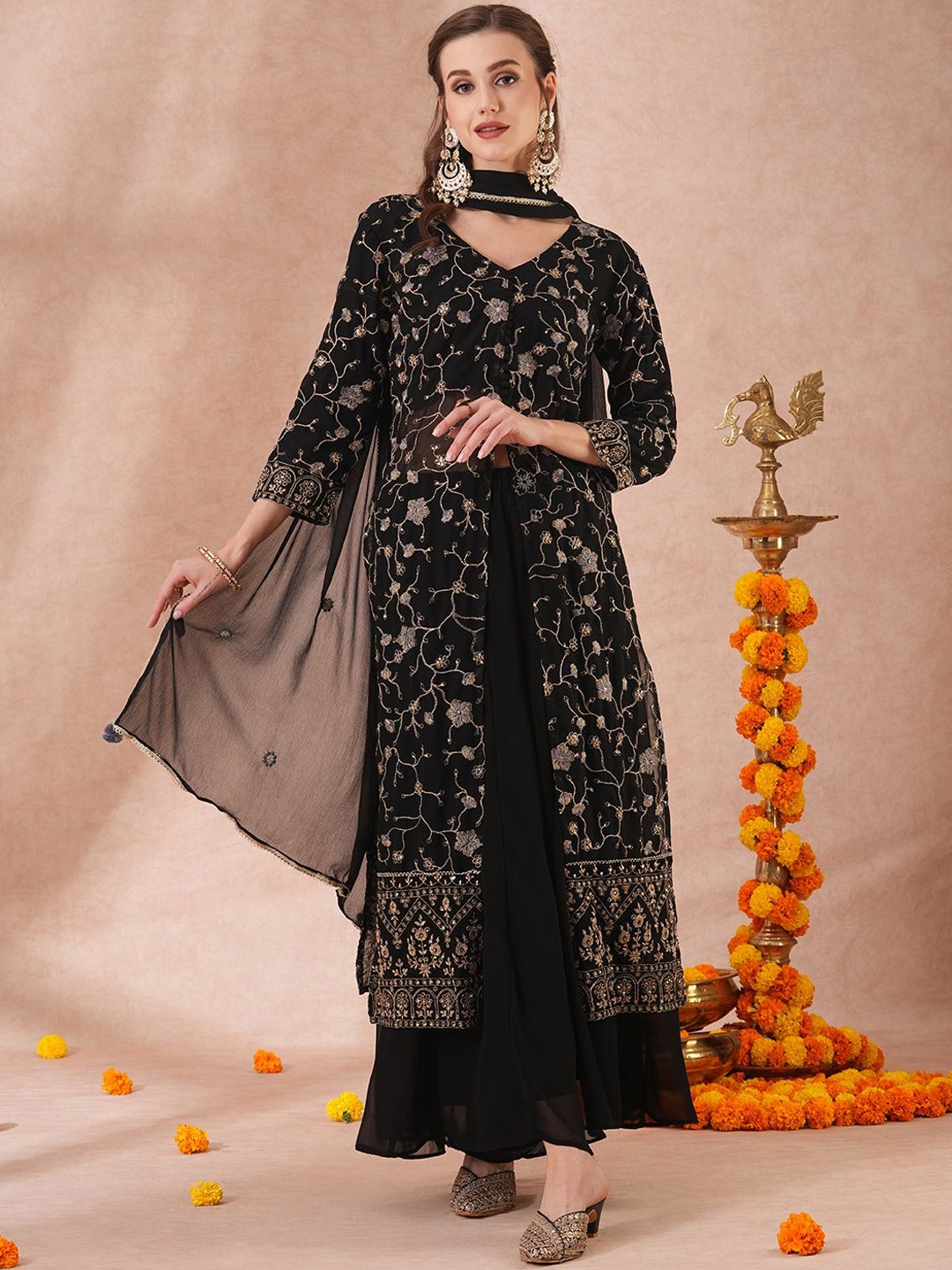 

FASHOR Black V-Neck Floral Embroidered Sequinned Georgette Kurta with Palazzo & Dupatta