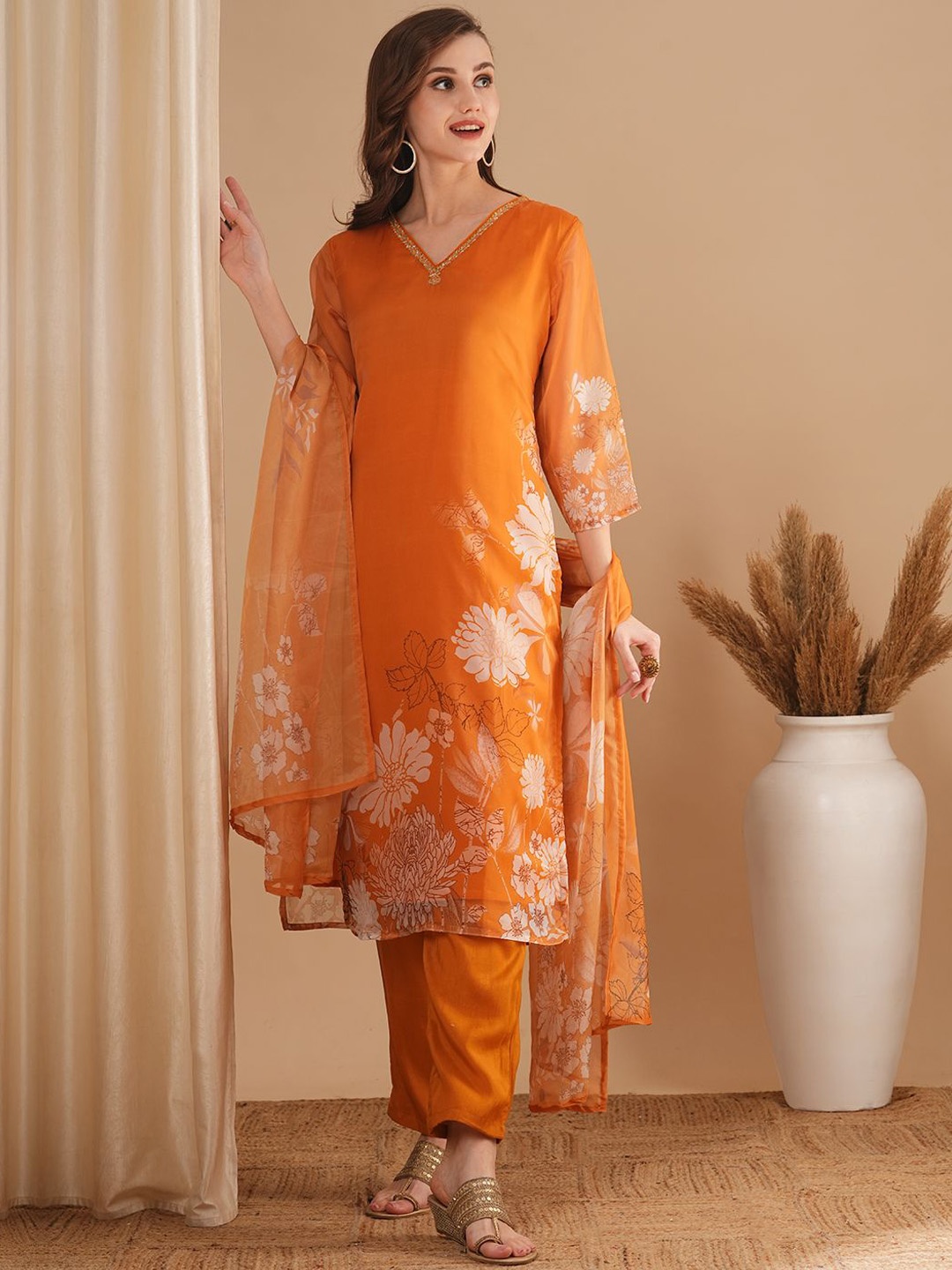 

FASHOR Floral Printed Straight Organza Kurta With Trousers & Dupatta, Mustard