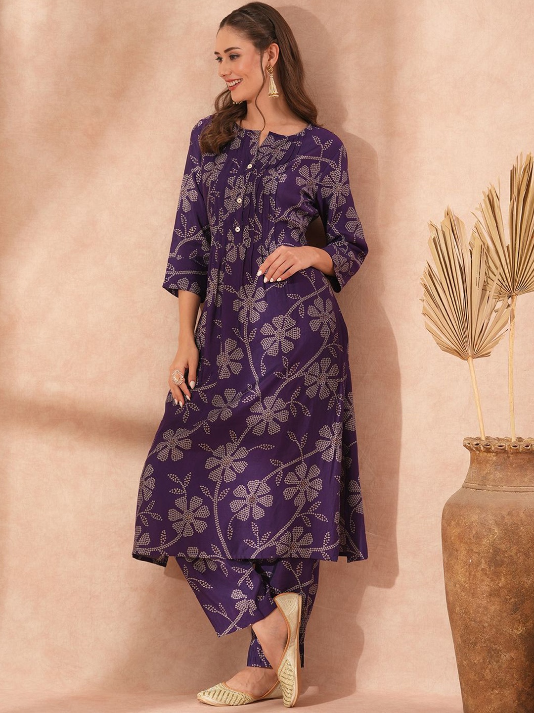 

FASHOR Purple Round Neck Bandhani Printed Tunic & Trouser