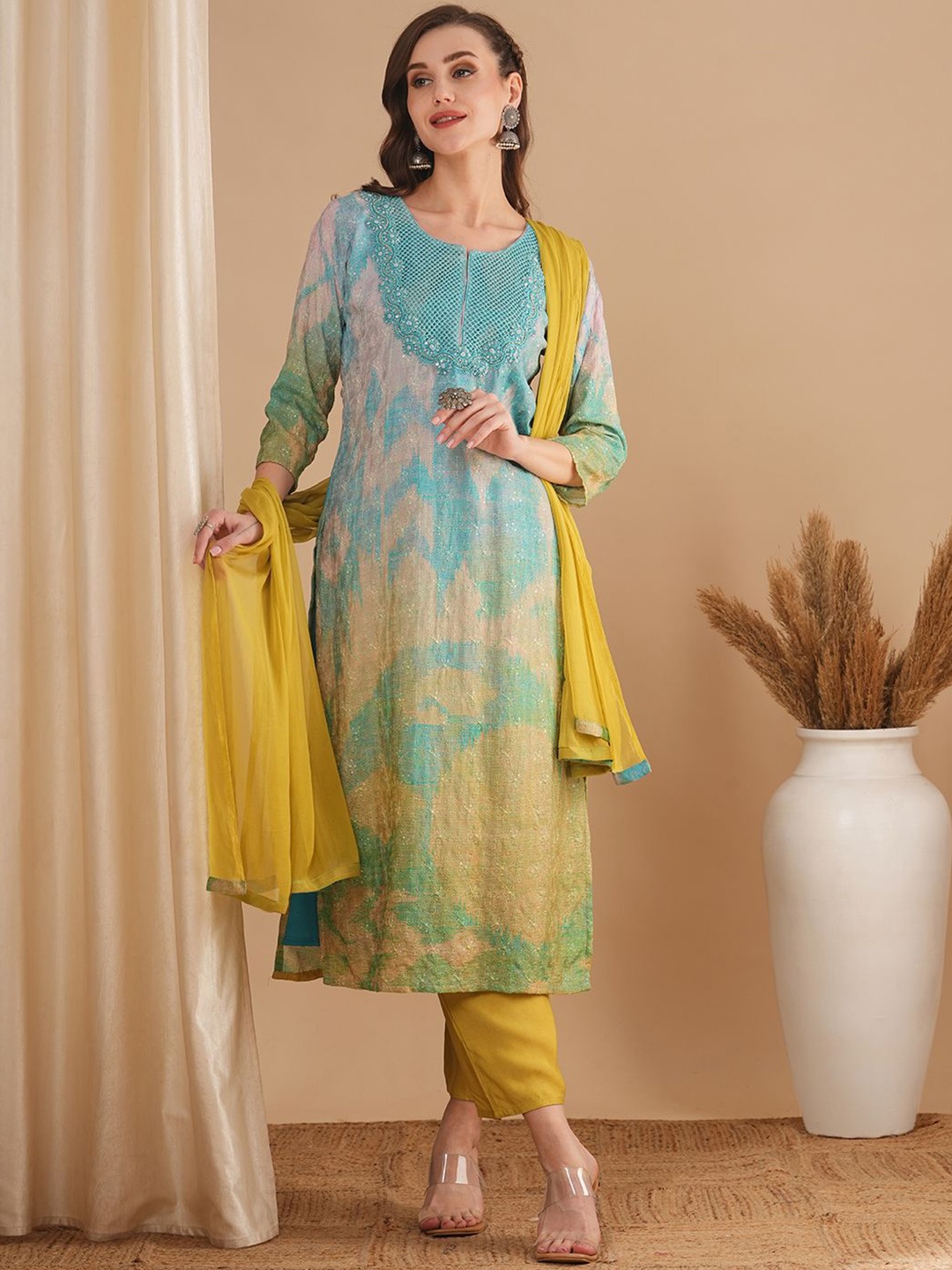 

FASHOR Blue Abstract Printed Thread Work Straight Kurta with Trouser & Dupatta