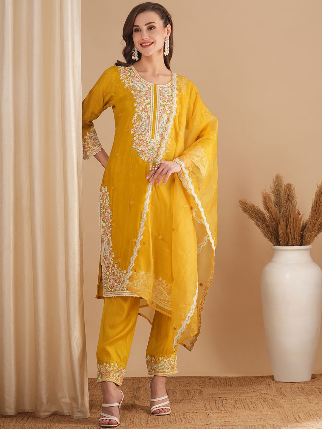

FASHOR Yellow and White Floral Embroidered Thread Work Kurta with Trouser & Dupatta