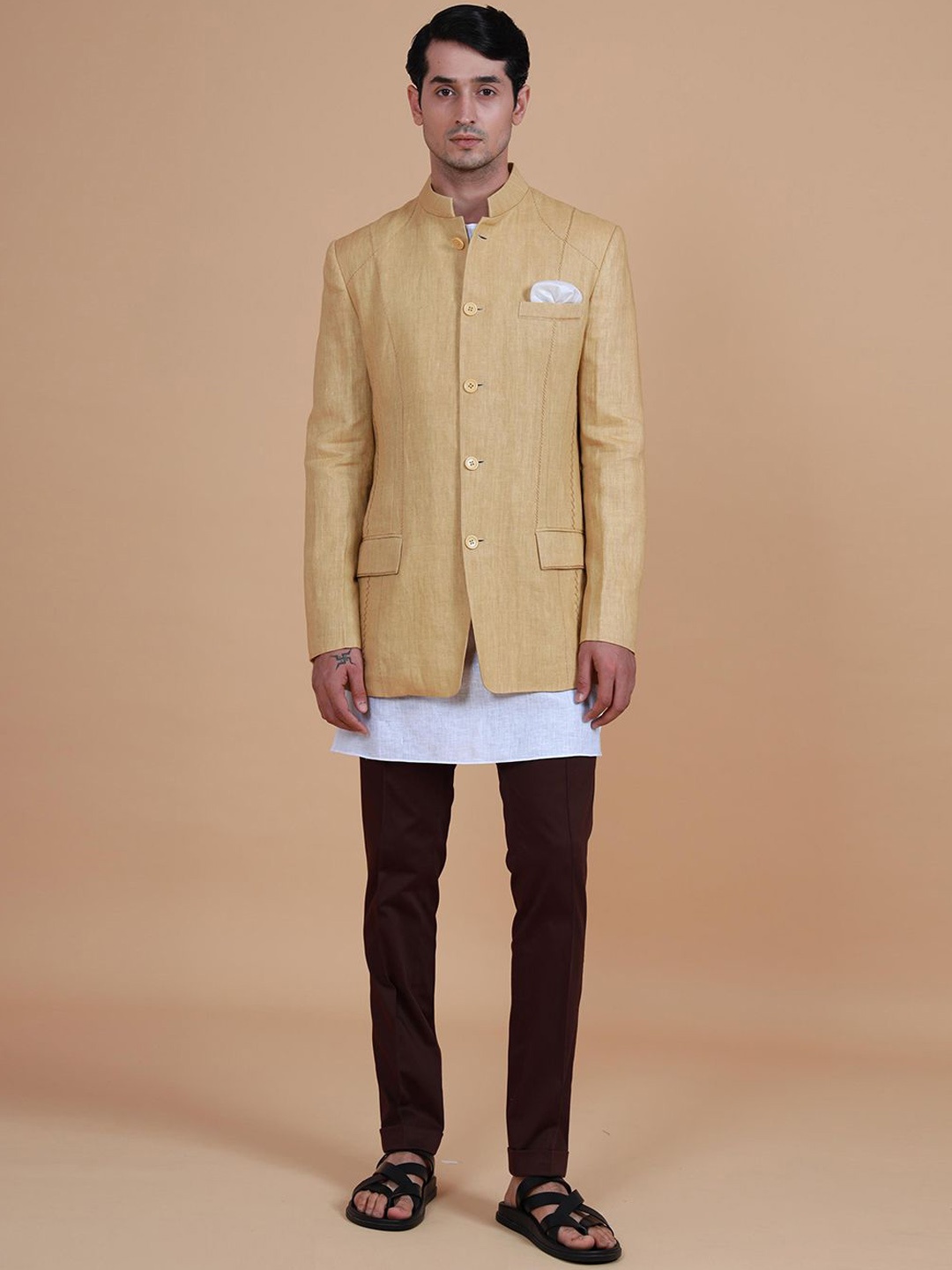 RR Blue Men Mandarin Collar Solid Linen Casual Tailored Jacket, Beige