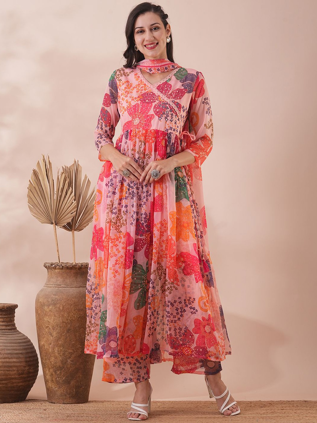 

FASHOR Floral Printed Pleated Beads and Stones Kurta With Palazzos & Dupatta, Peach