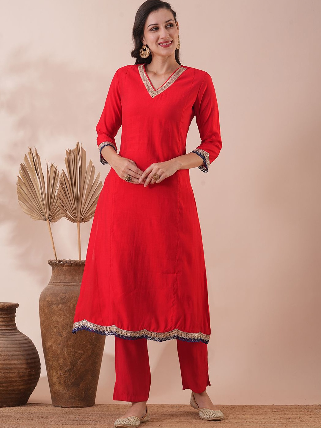 

FASHOR Red and Gold Embroidered Thread Work Straight Kurta with Trousers
