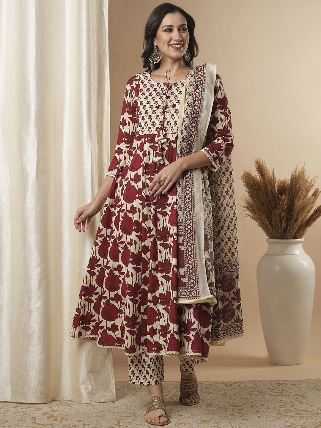 

FASHOR Maroon Floral Printed Thread Work Pure Cotton Anarkali Kurta with Trouser & Dupatta