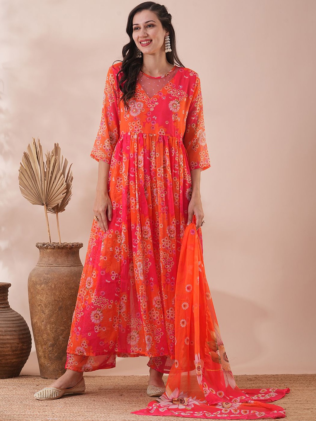 

FASHOR Orange Floral Printed Pleated Beads & Stones Anarkali Kurta with Palazzo & Dupatta