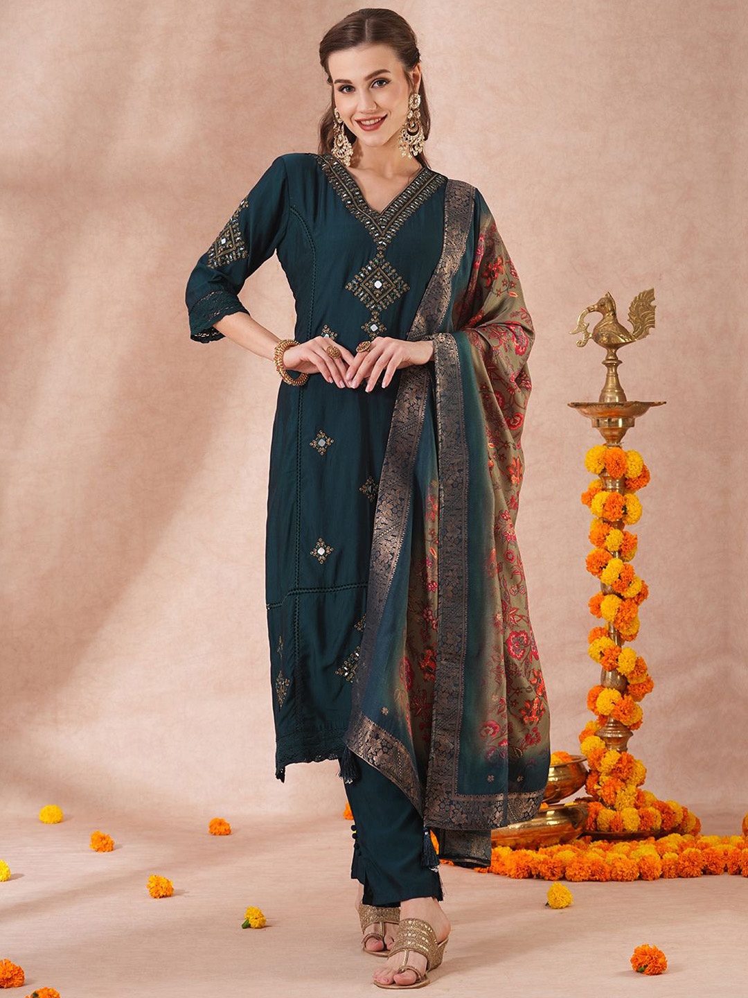 

FASHOR Floral Embroidered Mirror Work Kurta With Trousers & Dupatta, Teal