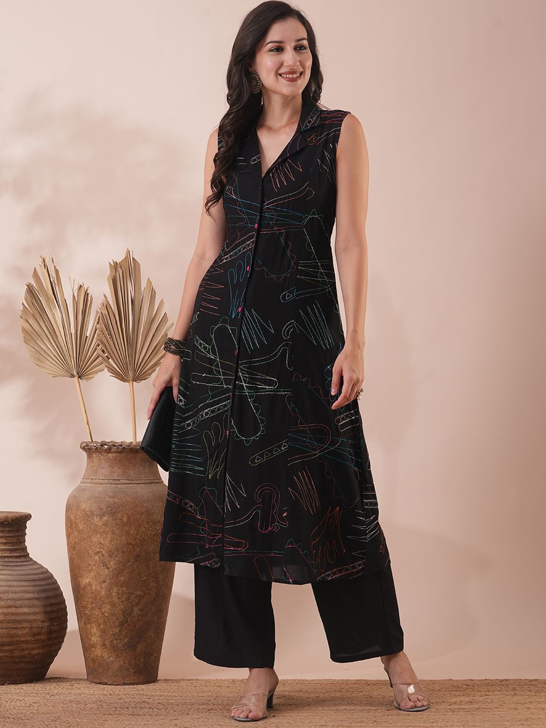 

FASHOR Abstract Embroidered A-Line Kurta With Palazzos, Black