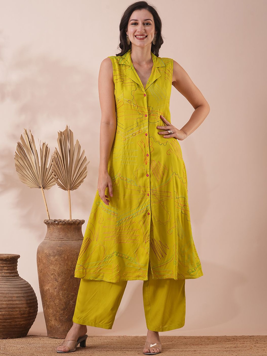 

FASHOR Lime Green Abstract Embroidered Panelled Thread Work A-Line Kurta with Palazzos