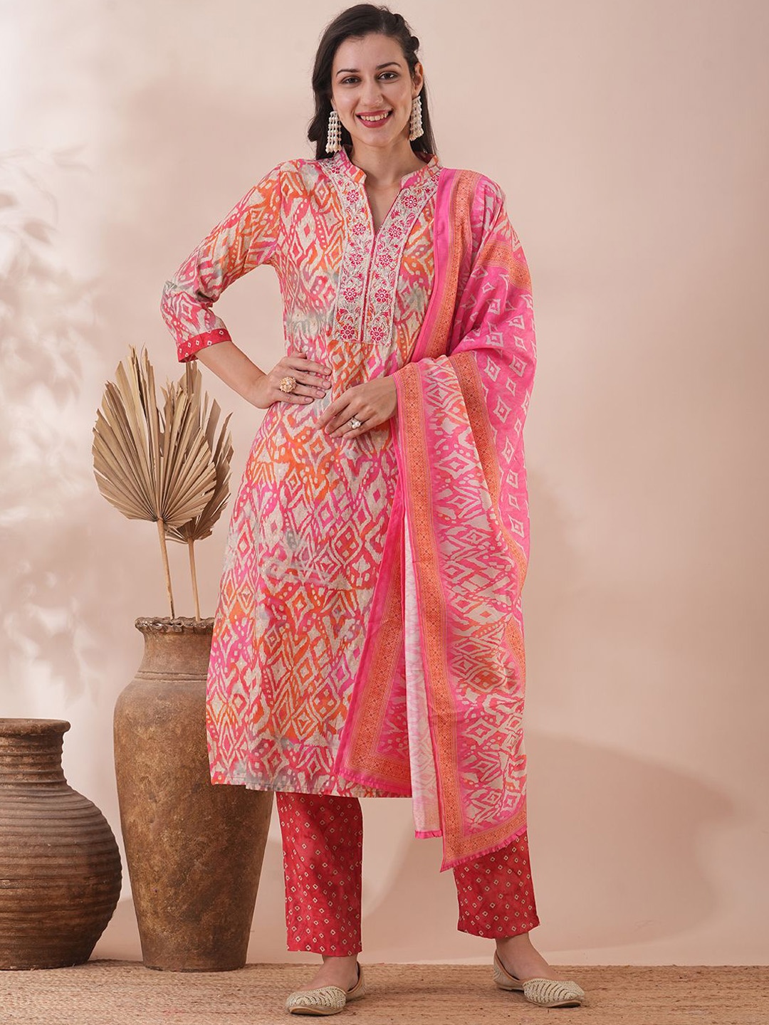 

FASHOR Ethnic Motifs Printed Sequinned Straight Kurta With Trousers & Dupatta, Coral