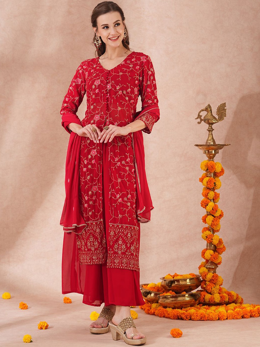 

FASHOR Floral Embroidered Georgette Straight Kurta With Palazzos & Dupatta, Red