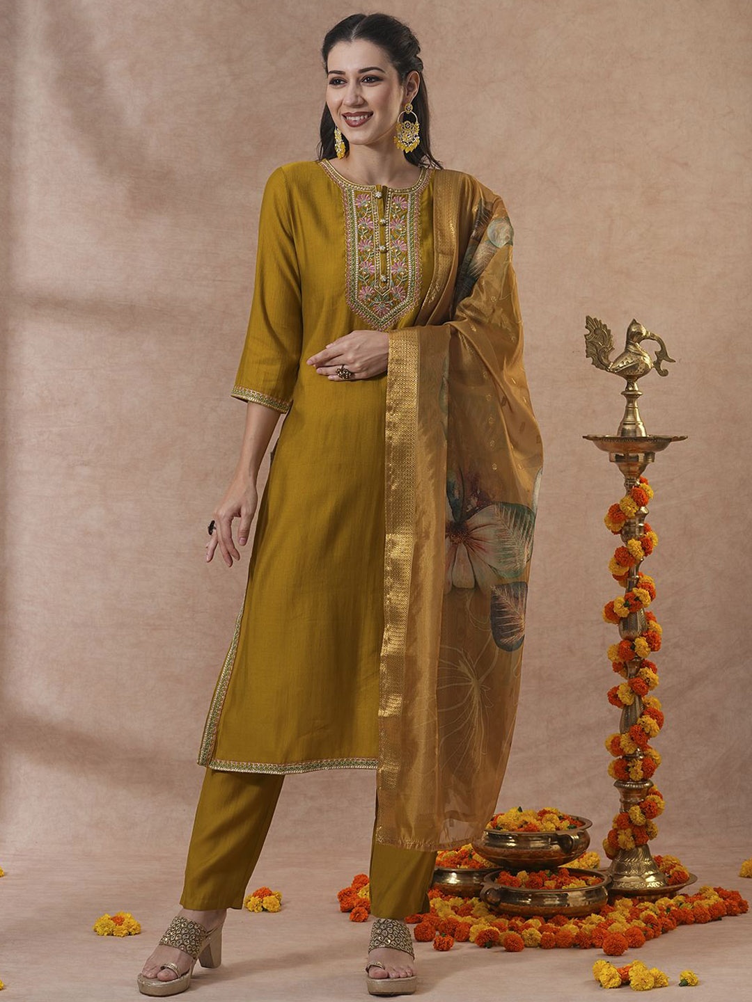 

FASHOR Mustard Yellow Floral Yoke Design Thread Work Kurta with Trousers & Dupatta