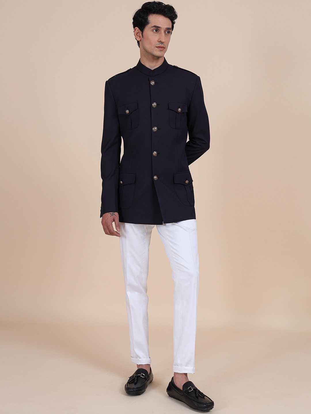 

RR Blue Men Solid Mandarin Collar Tailored Jacket, Navy blue