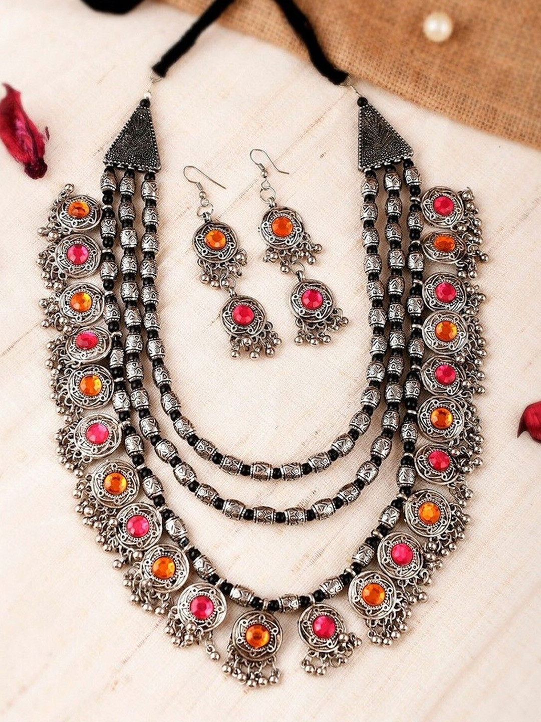 

Oxidized Heaven Sterling Silver-Plated Stone-Studded Necklace and Earrings