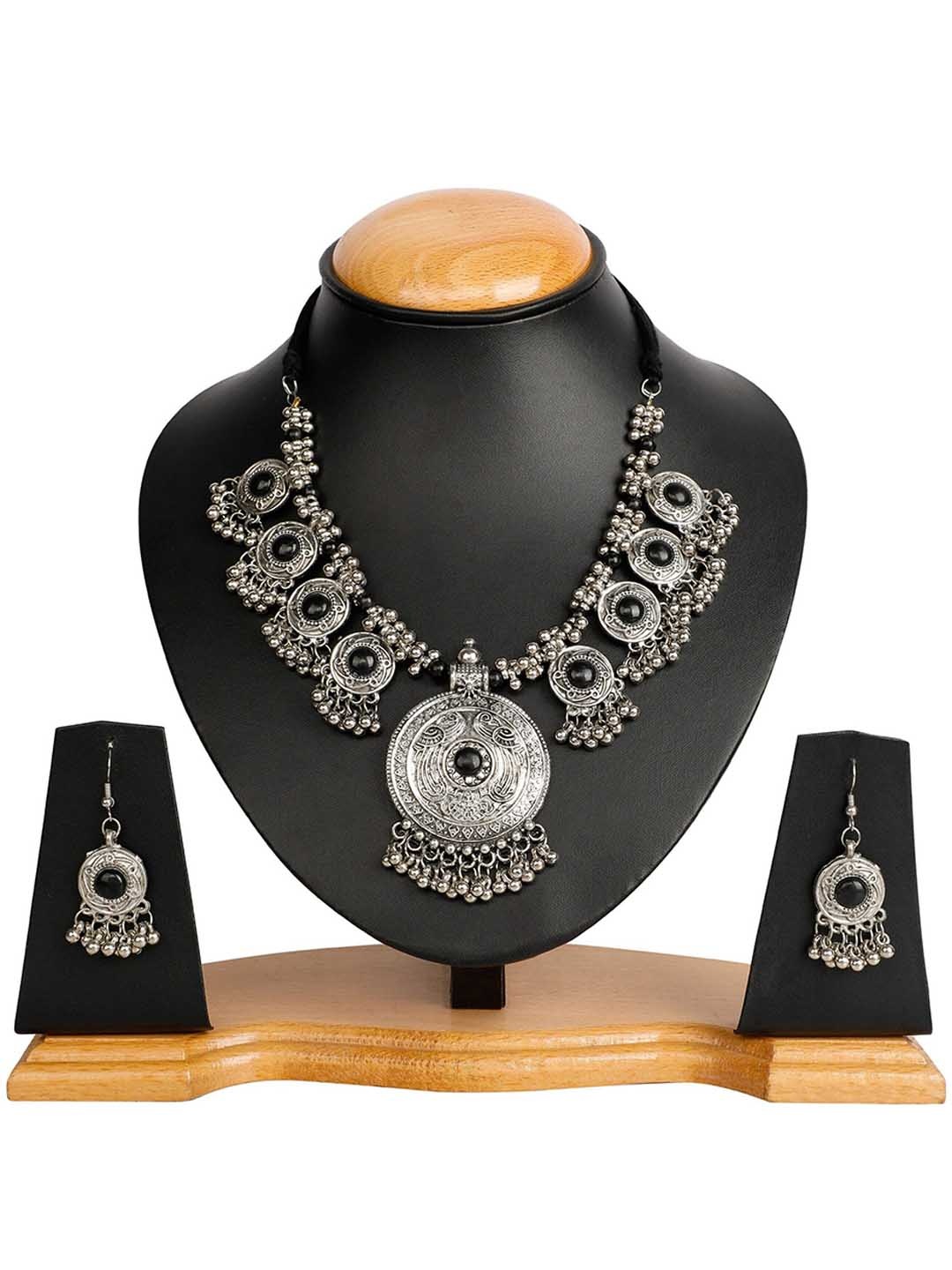 

Oxidized Heaven Sterling Silver- Plated Stone Studded & Beaded Jewellery Set