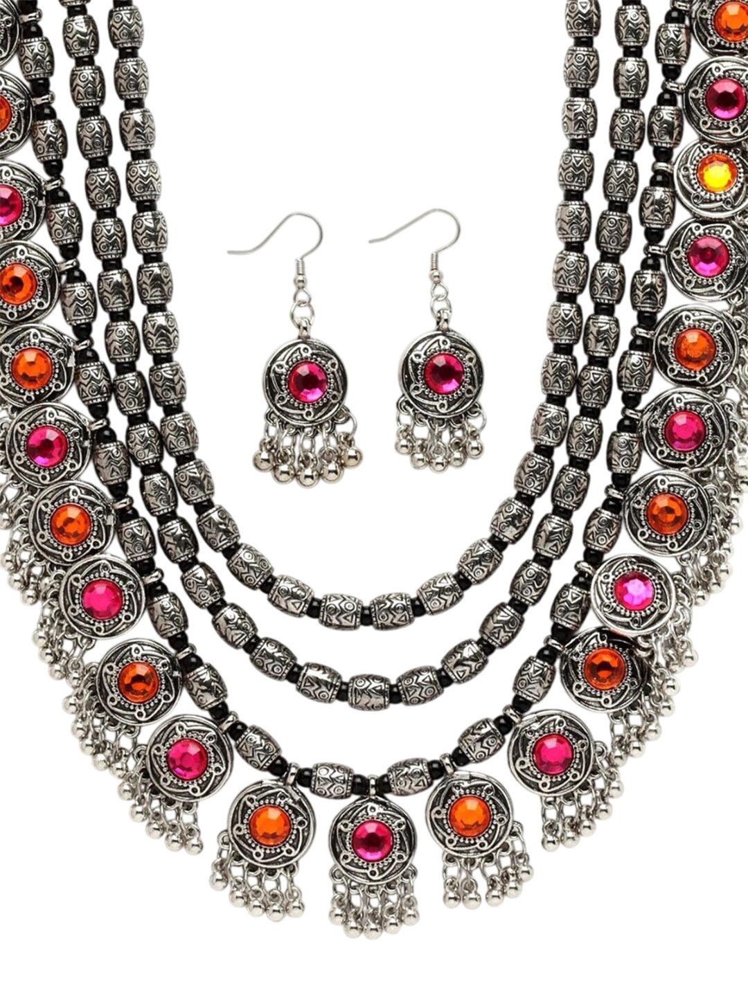 

Oxidized Heaven Silver Plated Stone Studded & Beaded Necklace and Earrings