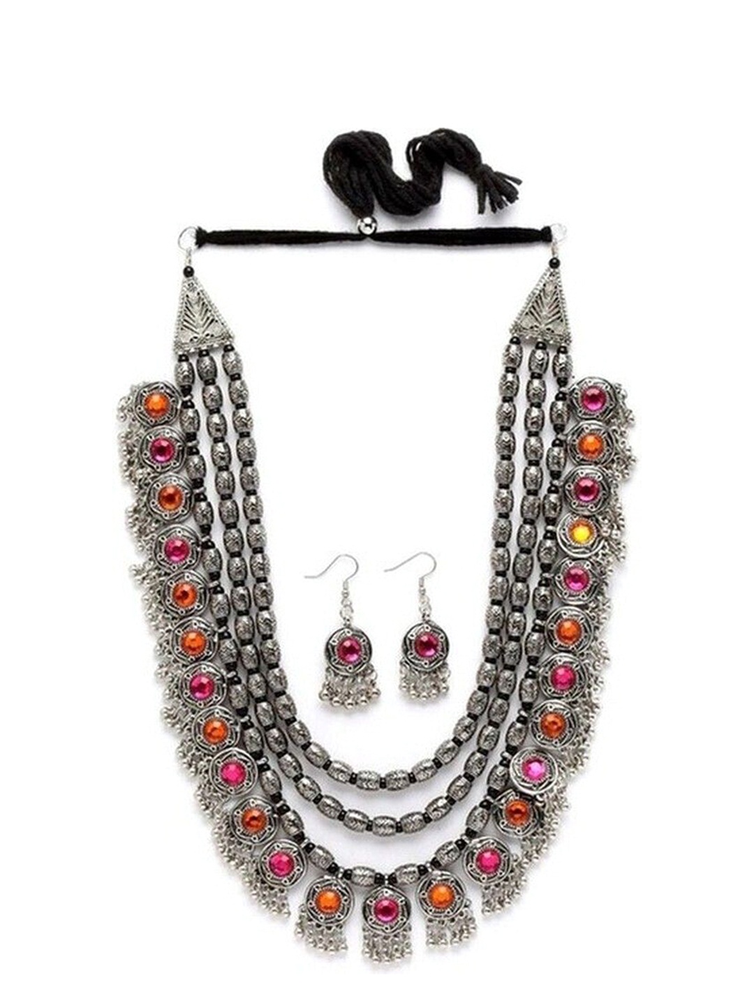 

Oxidized Heaven Sterling Silver-Plated Stone Studded & Beaded Jewellery Set