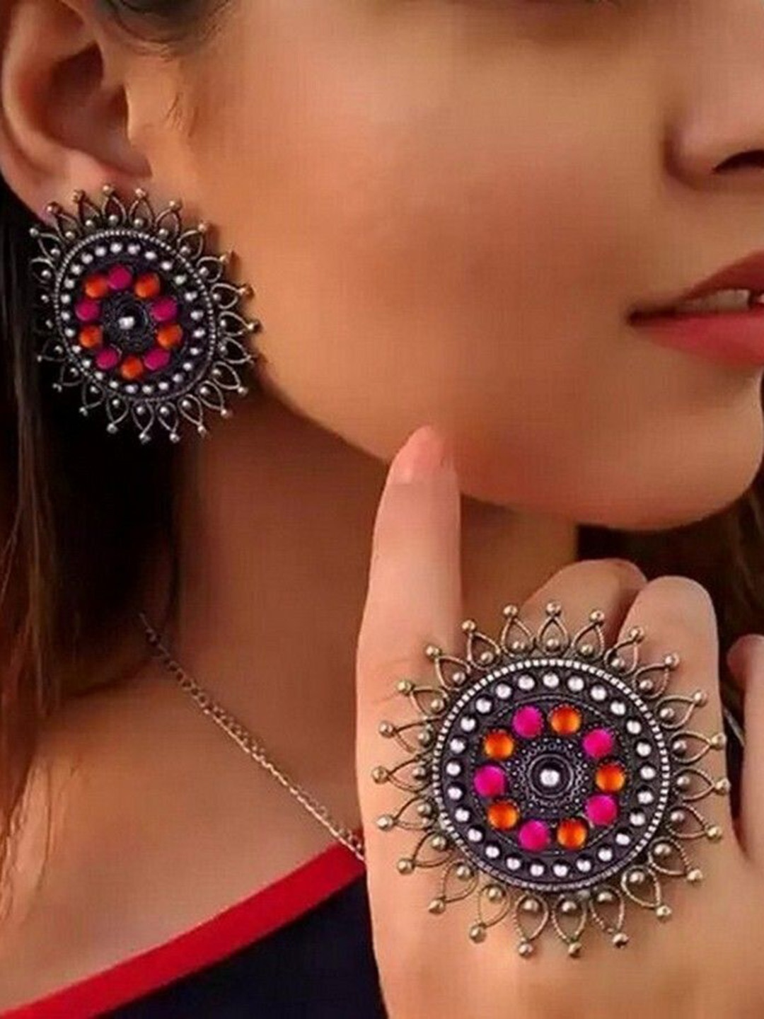

Oxidized Heaven Sterling Silver-Plated Stone Studded Jewellery Set