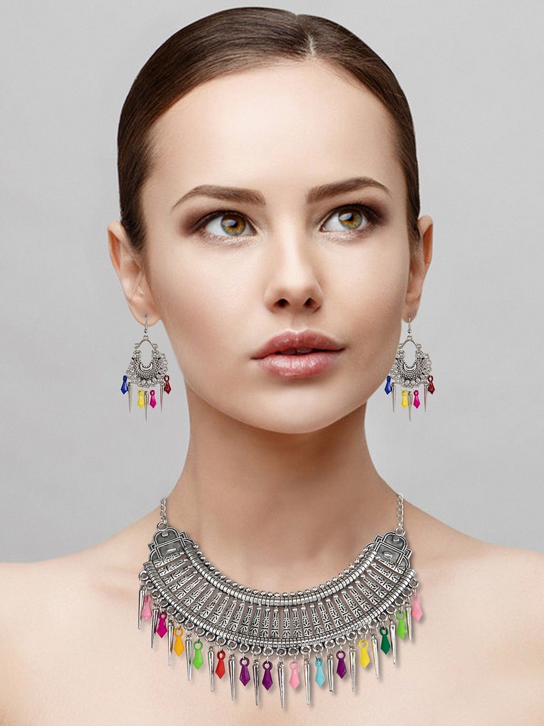 Oxidized Heaven Sterling Silver-Plated Beaded-Studded Jewellery Set