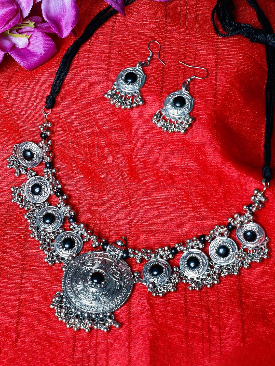 

Oxidized Heaven Sterling Silver-Plated Stone Studded Jewellery Set
