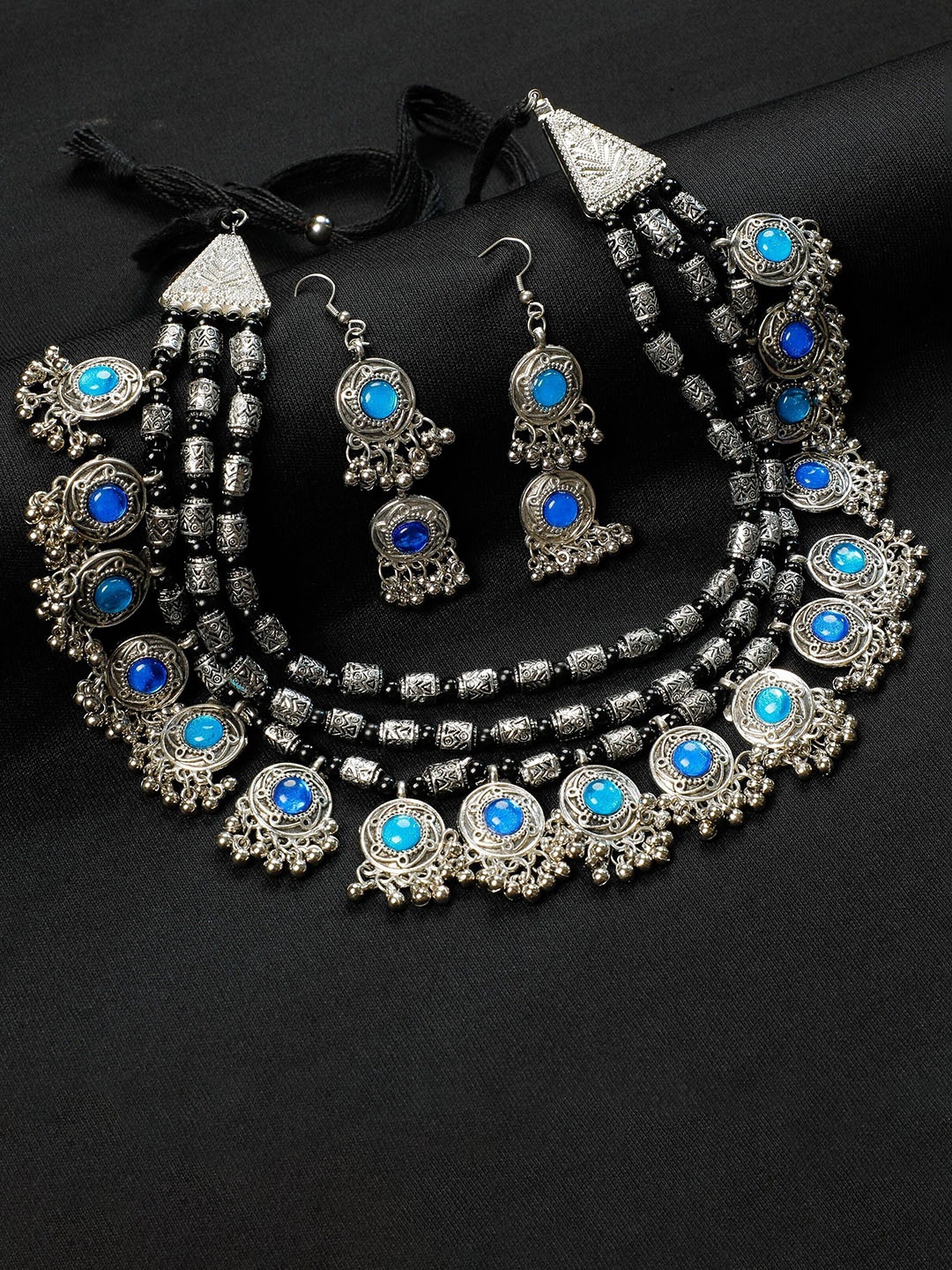 

Oxidized Heaven Sterling Silver-Plated Stones Studded & Beaded Layered Jewellery Set