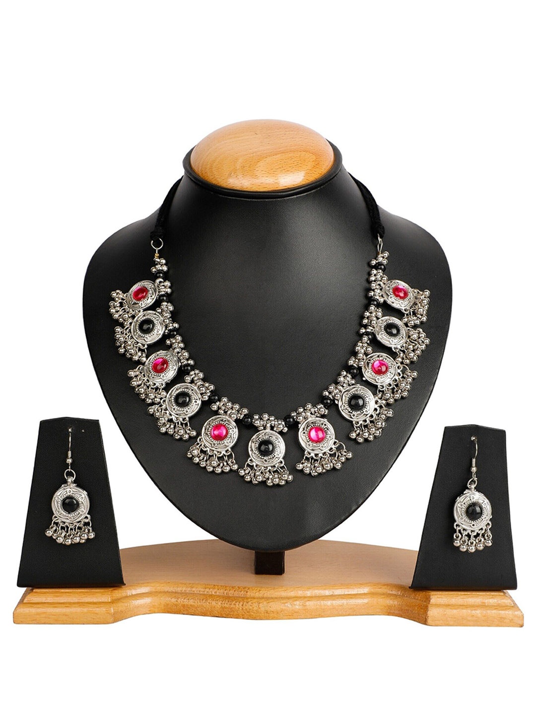 

Oxidized Heaven Sterling Silver Plated Stones Studded & Beaded Necklace and Earrings