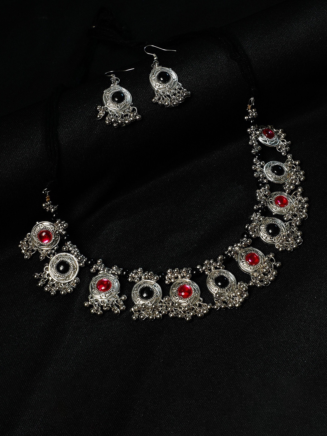 

Oxidized Heaven Silver-Plated Stones Studded & Beaded Oxidised Jewellery Set