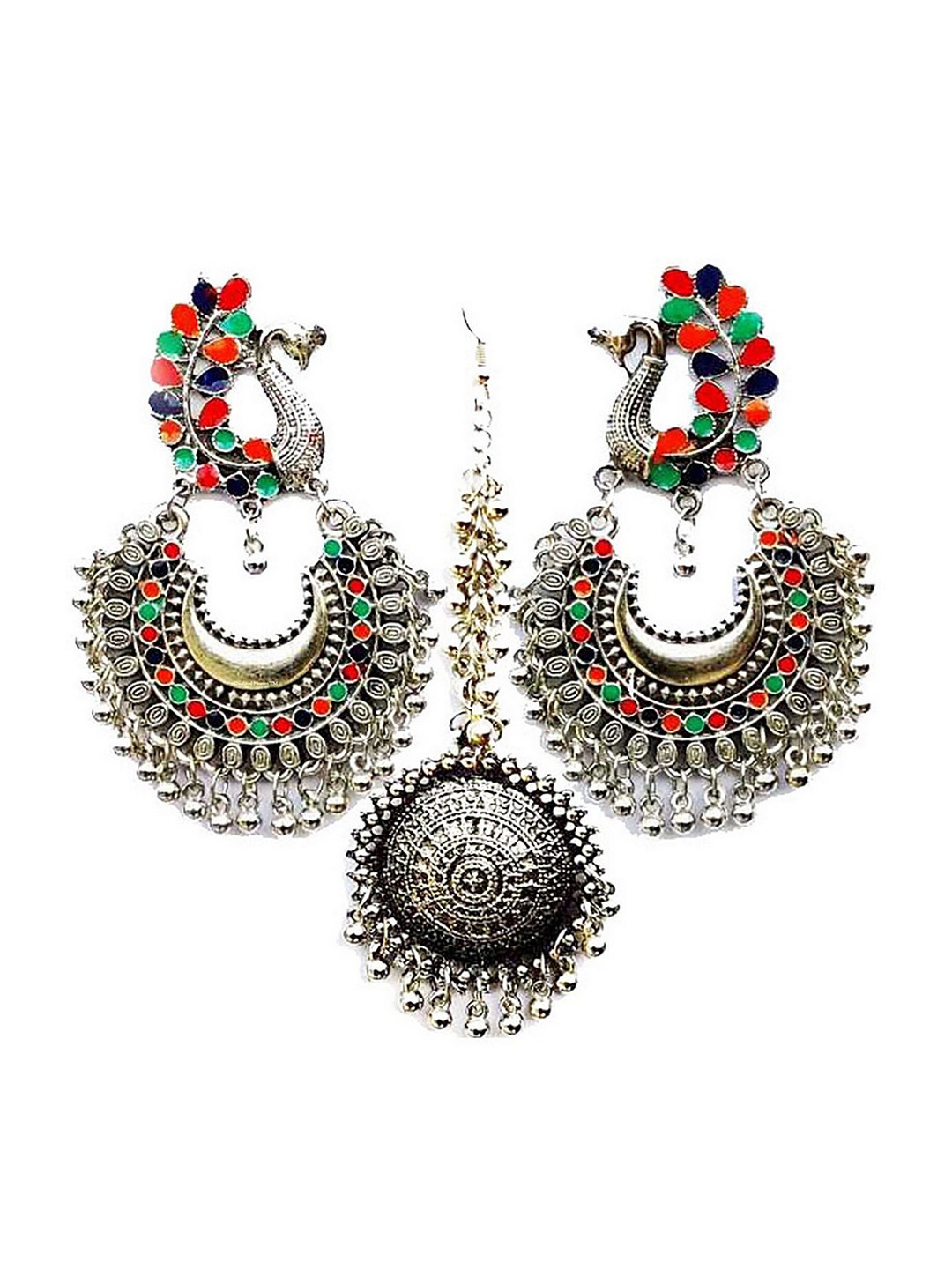 Oxidized Heaven Sterling Silver Silver-Plated Stone-Studded Jewellery Set