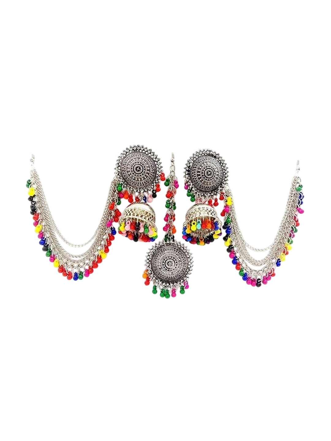 

Oxidized Heaven Sterling Silver Plated & Beaded Maang Tika and Earrings