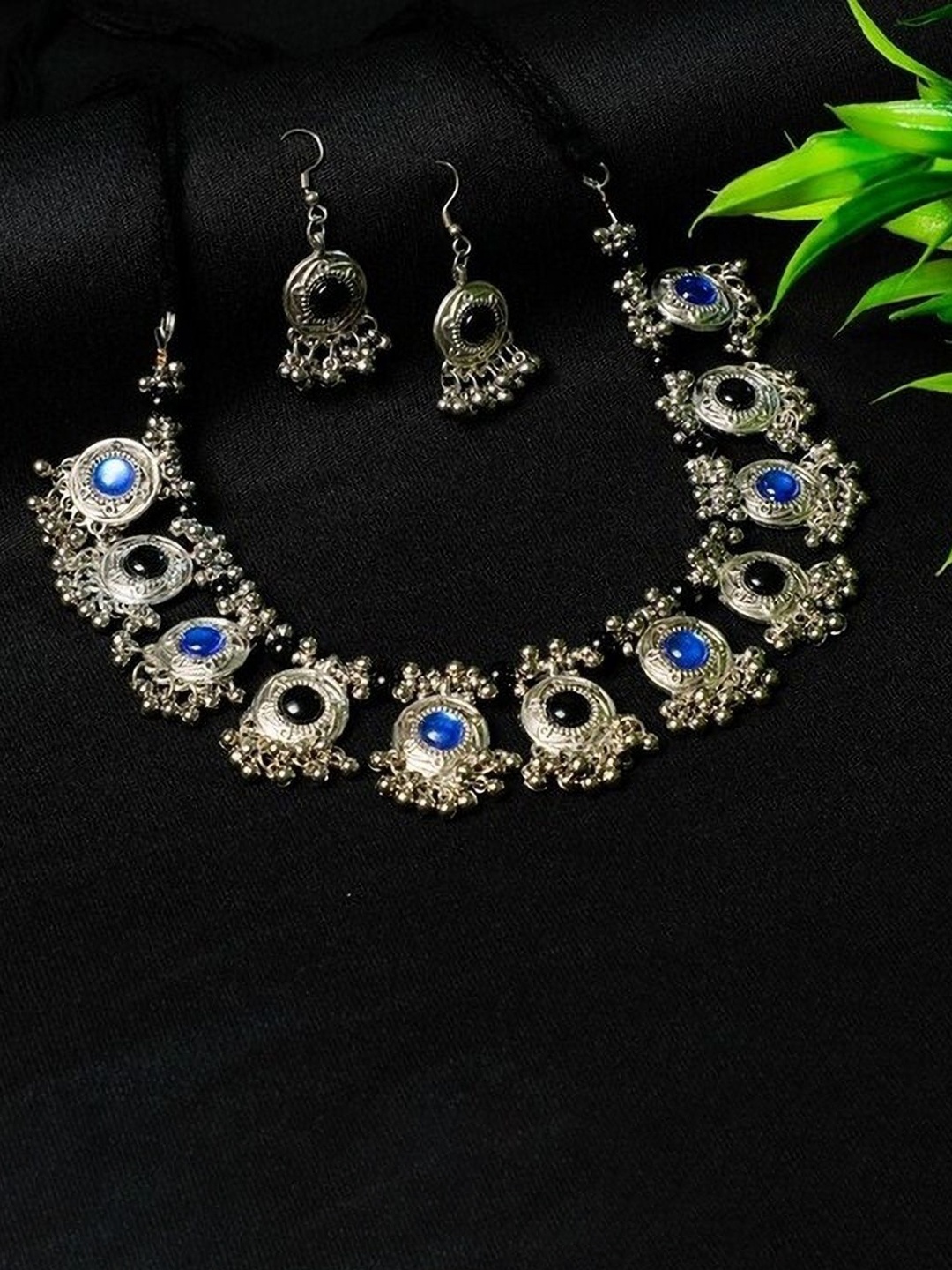 

Oxidized Heaven Sterling Silver Stone Studded & Beaded Necklace and Earrings