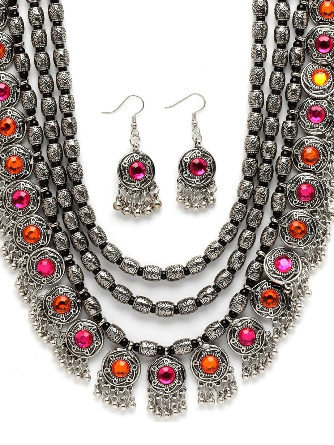 

Oxidized Heaven Silver-Plated Stone Studded & Beaded Oxidised Jewellery Set