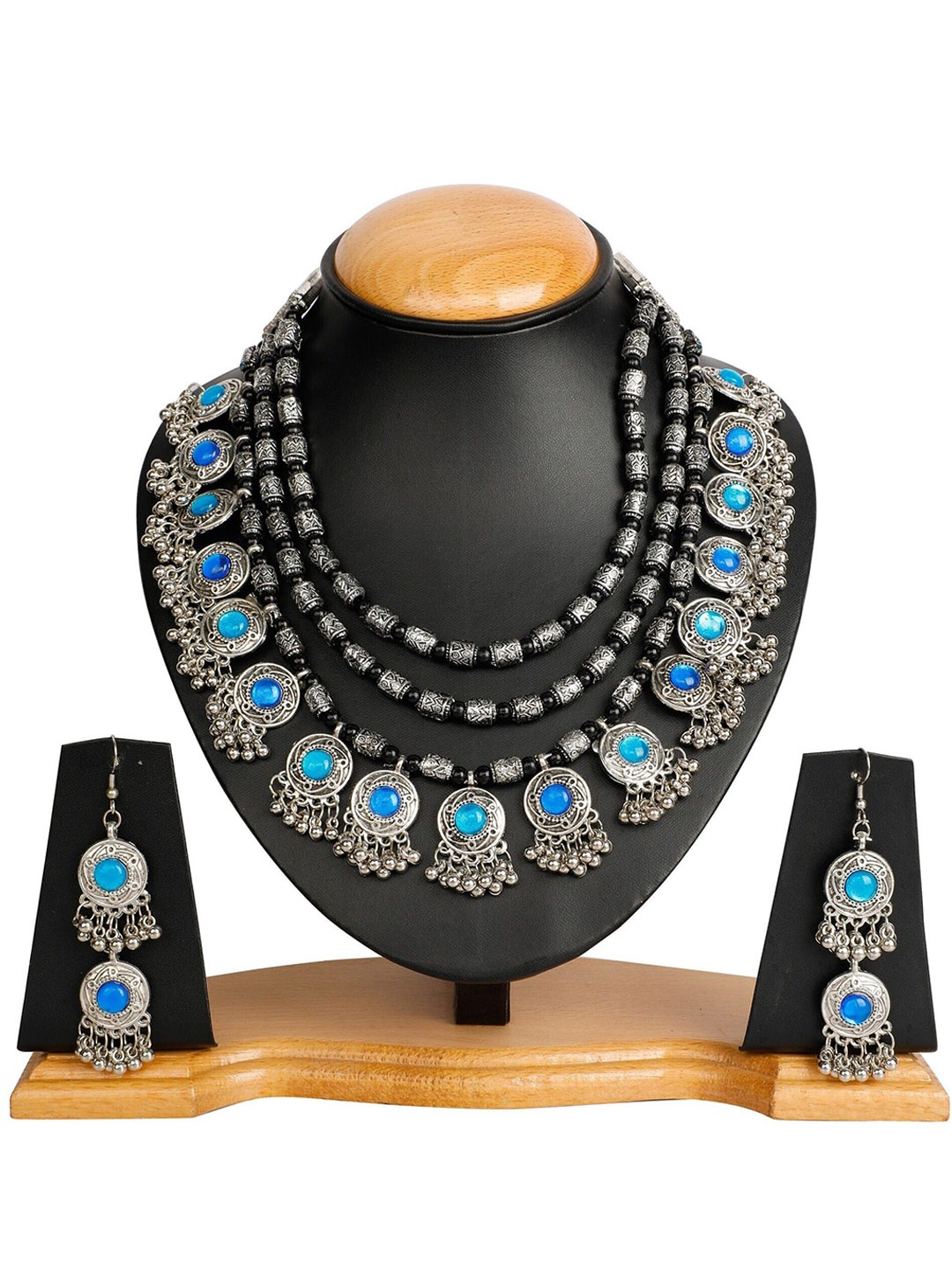 

Oxidized Heaven Sterling Silver-Plated Stone-Studded & Beaded Jewellery Set