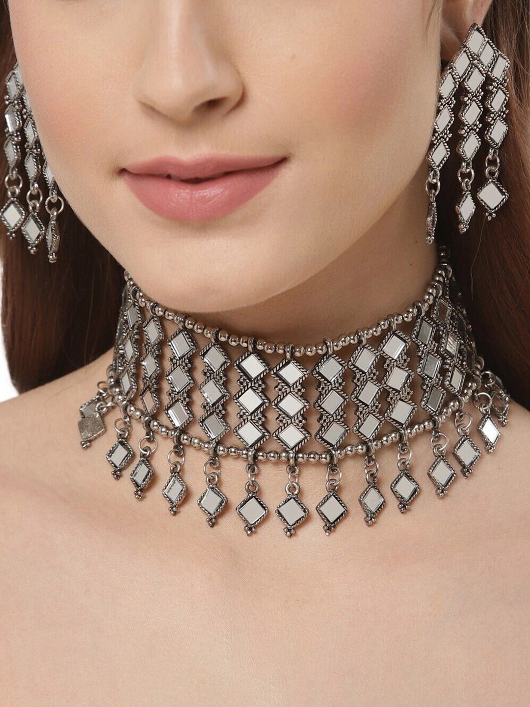 

Oxidized Heaven Sterling Silver-Plated Mirror Studded & Beaded Jewellery Set