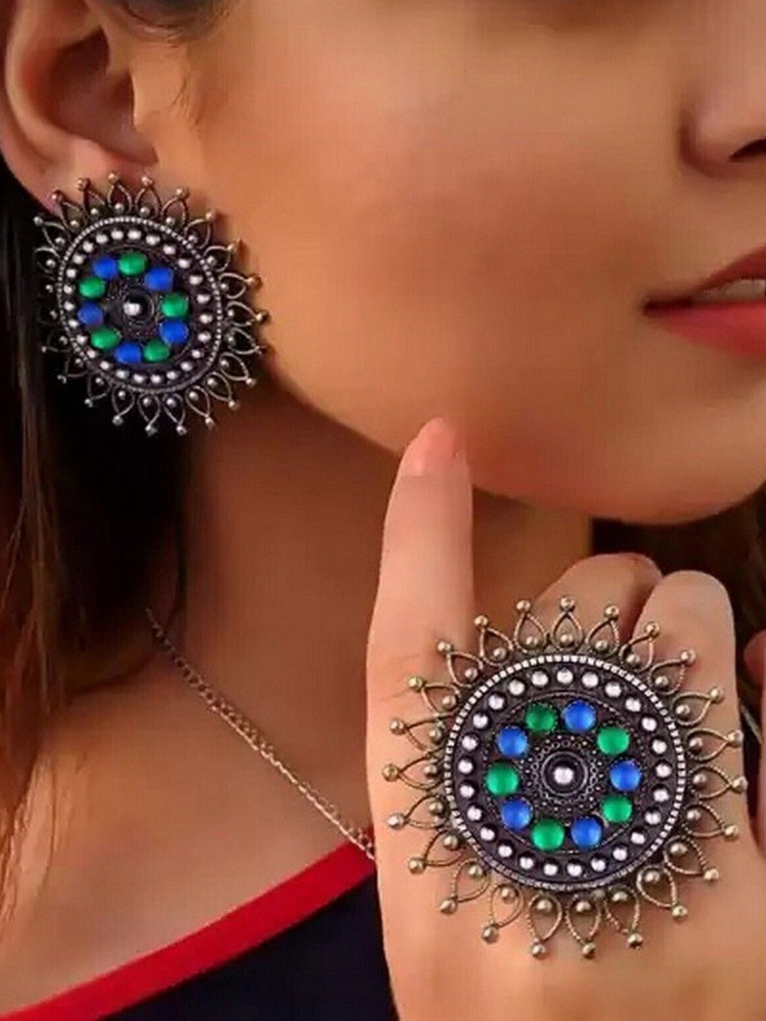 

Oxidized Heaven Sterling Silver Plated Studded Finger Ring and Earrings