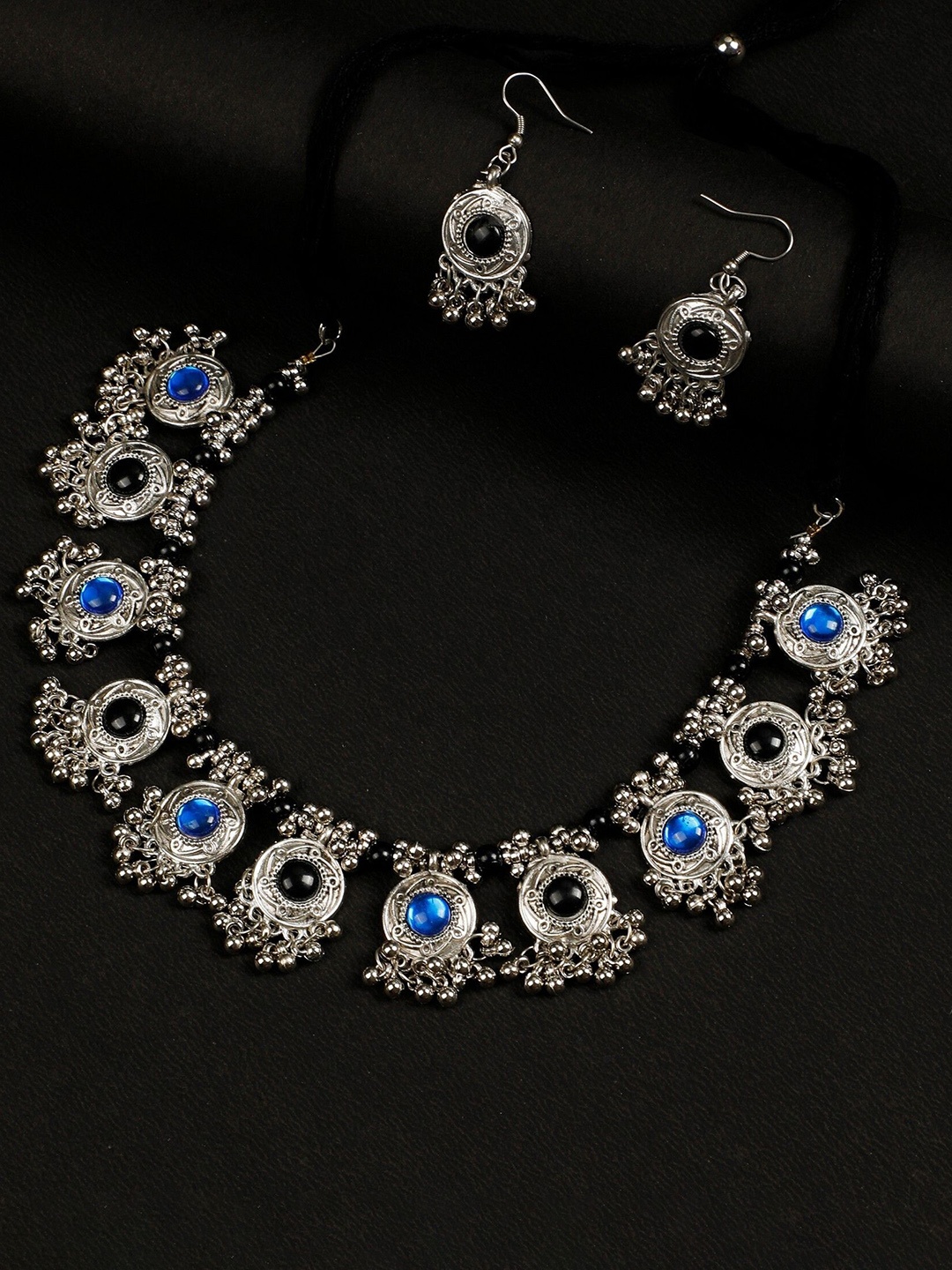 

Oxidized Heaven Sterling Silver-Plated Oxidised Stone Studded Jewellery Set