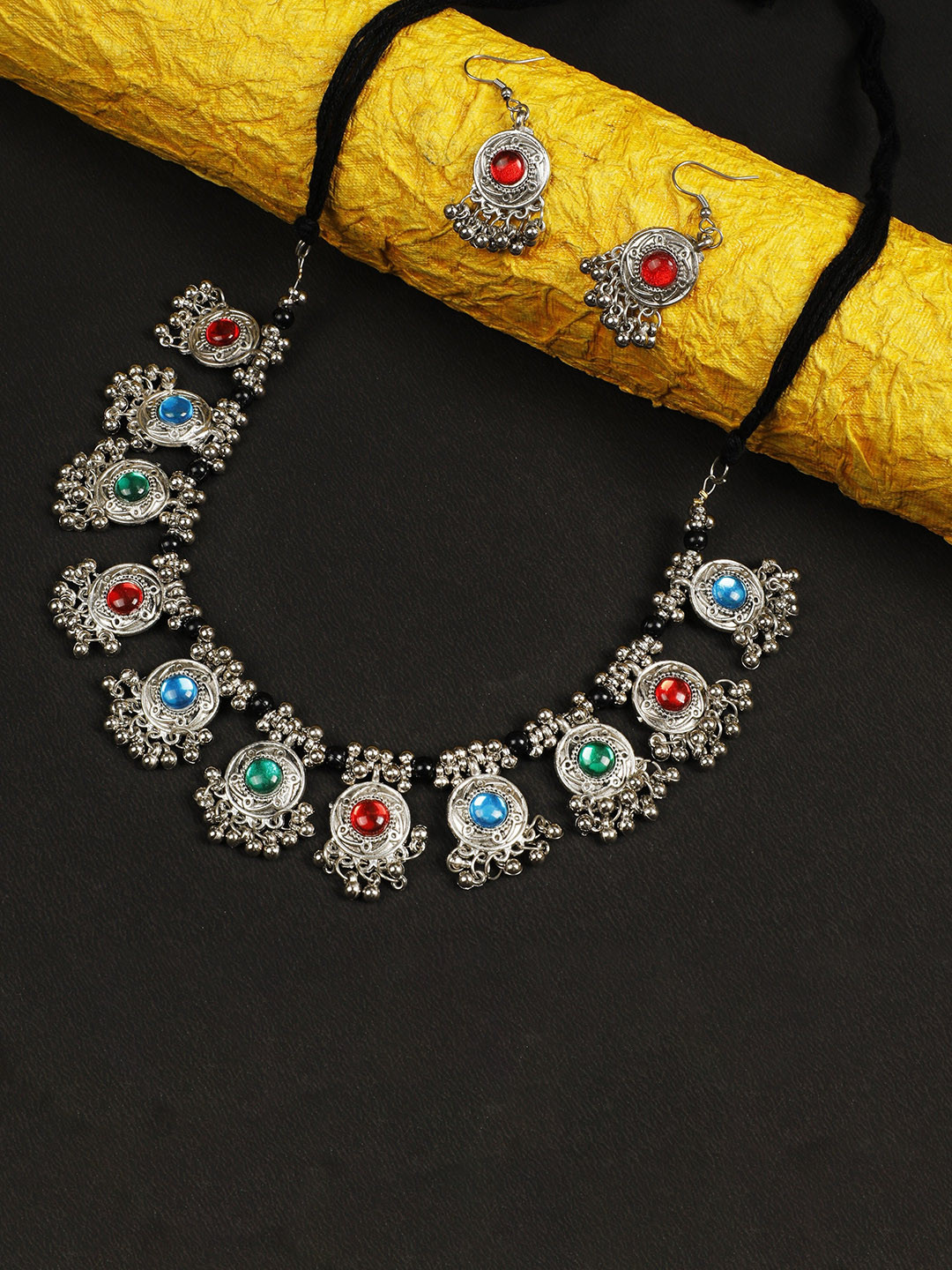 

Oxidized Heaven Silver Plated Stone Studded & Beaded Necklace and Earrings