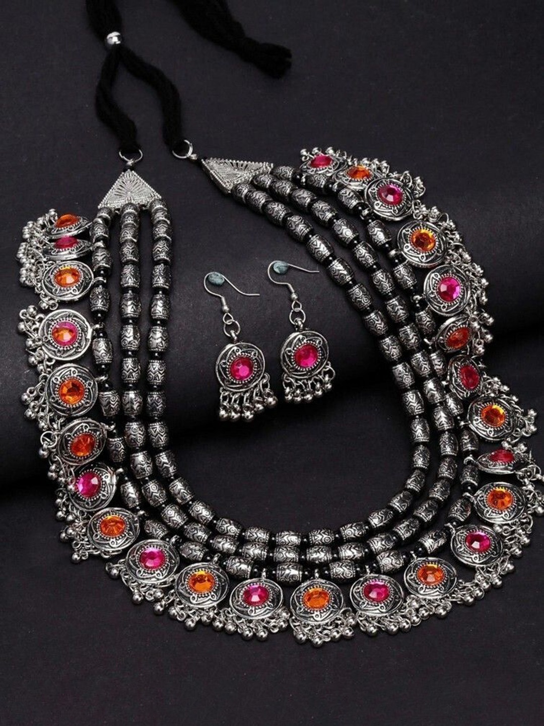 

Oxidized Heaven Sterling Silver Plated Stone Studded Jewellery Set