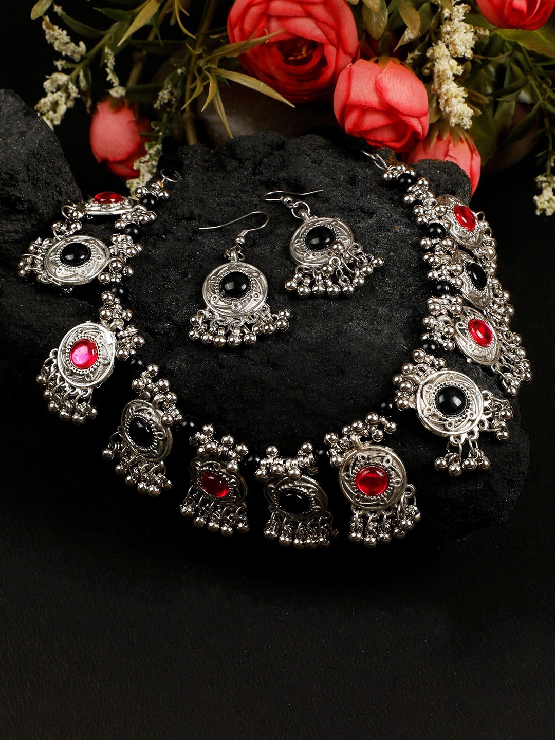

Oxidized Heaven Sterling Silver Plated Stone Studded & Beaded Necklace and Earrings
