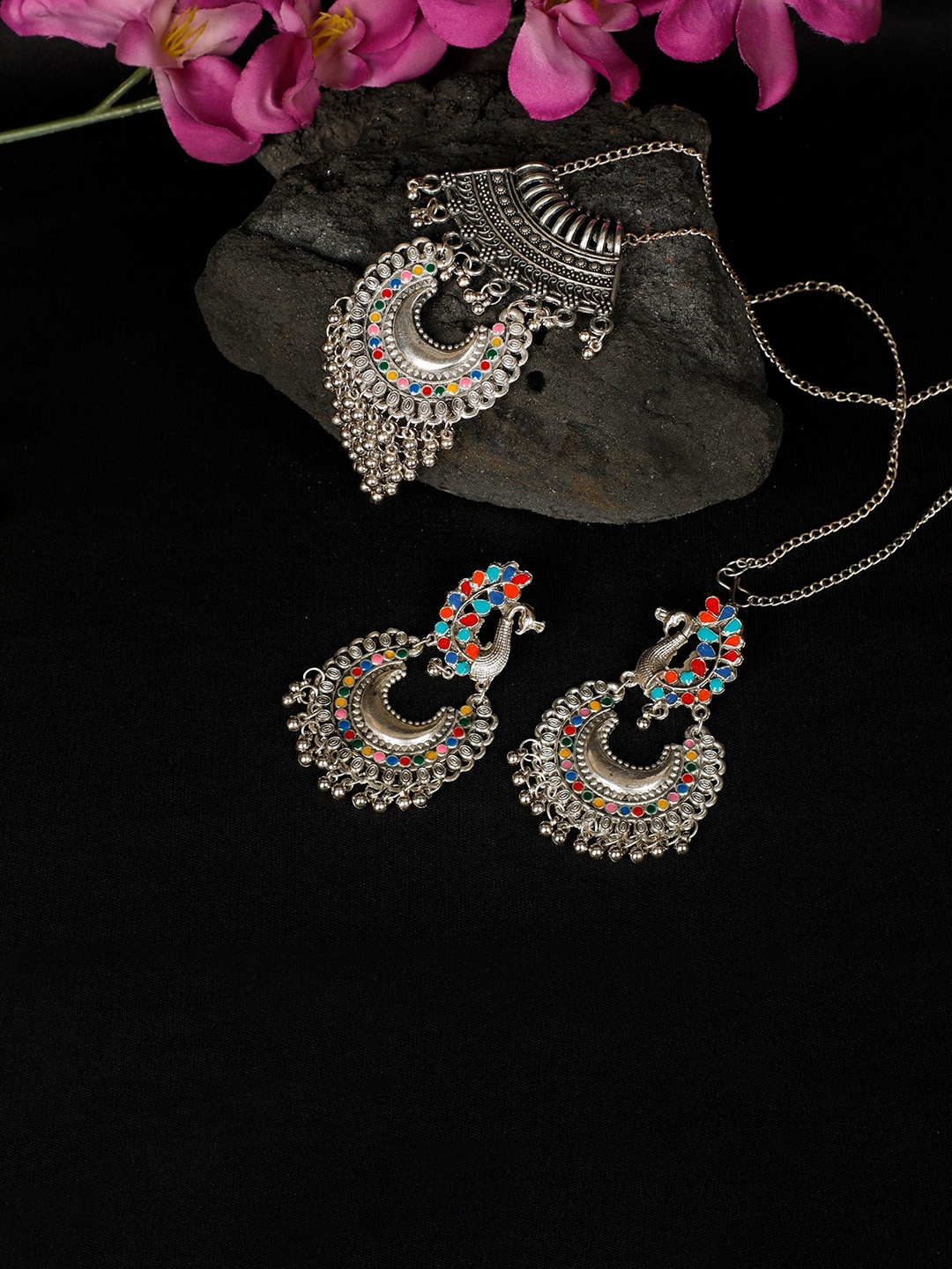 Oxidized Heaven Sterling Silver-Plated Stone Studded & Beaded Jewellery Set