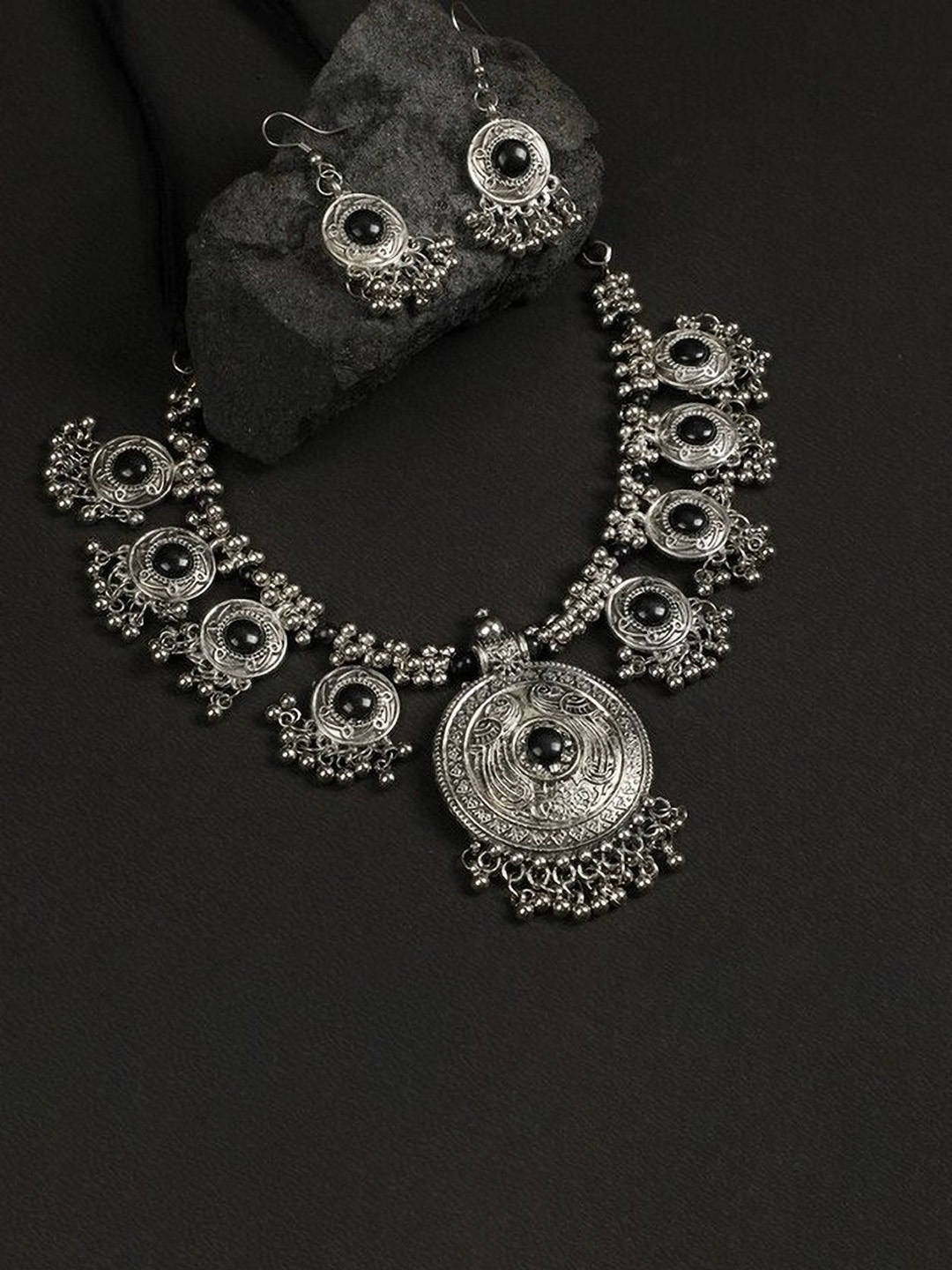 

Oxidized Heaven Sterling Silver Plated Stone Studded Necklace and Earrings