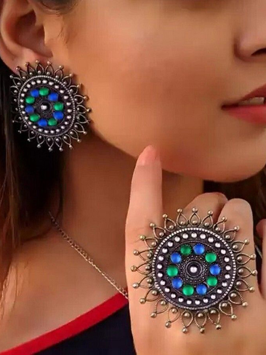 

Oxidized Heaven Sterling Silver Plated Stone Studded Jewellery Set