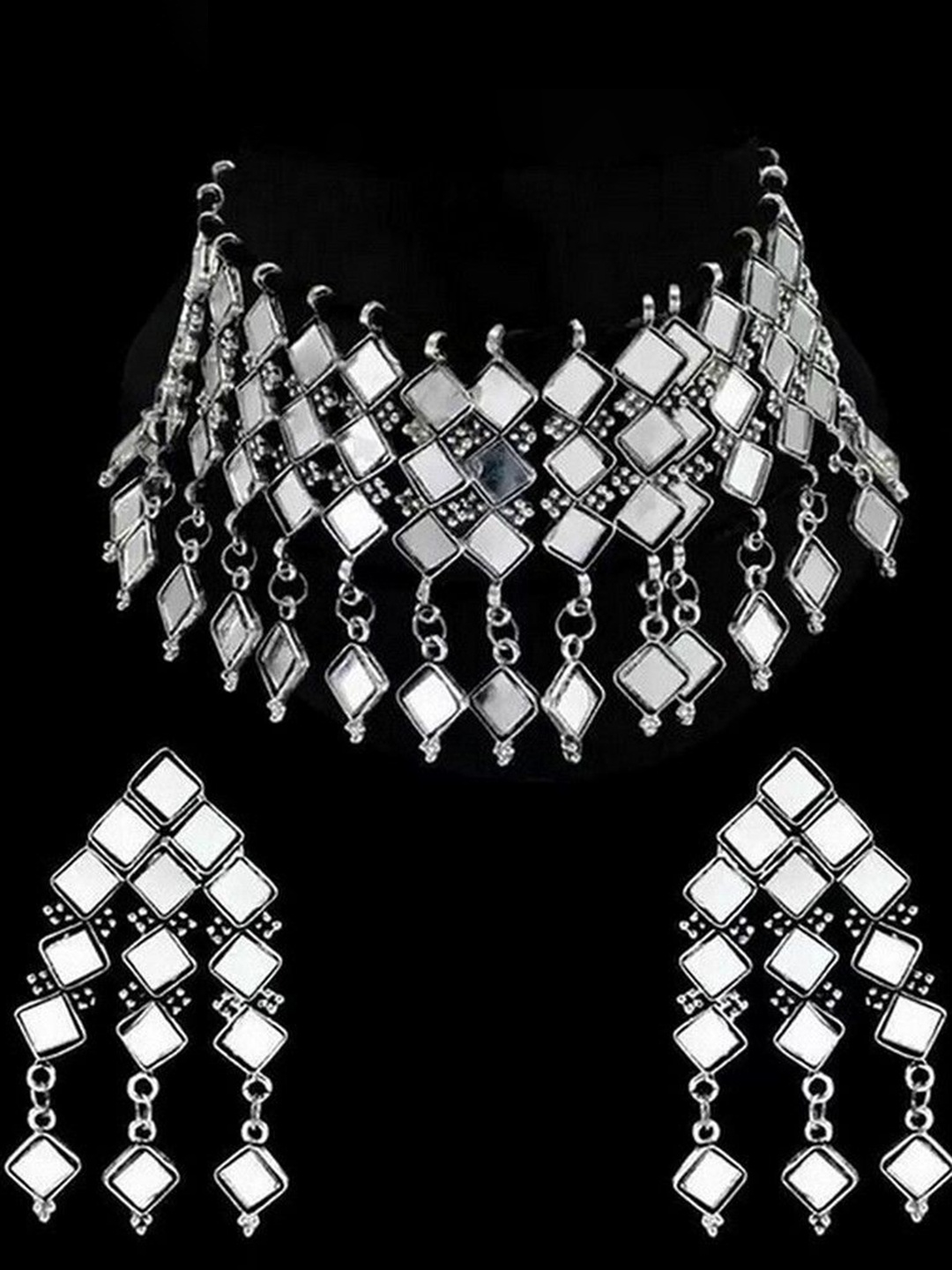 

Oxidized Heaven Sterling Silver-Plated Mirror Studded Jewellery Set