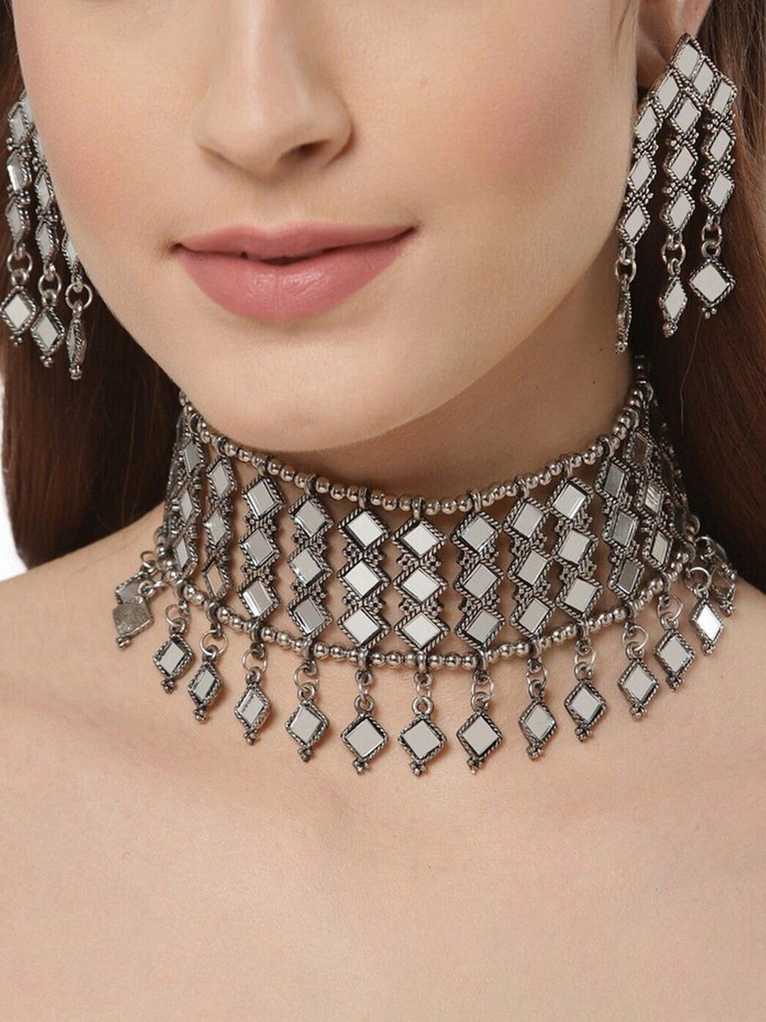 

Oxidized Heaven Sterling Silver Plated Mirror Studded Necklace and Earrings