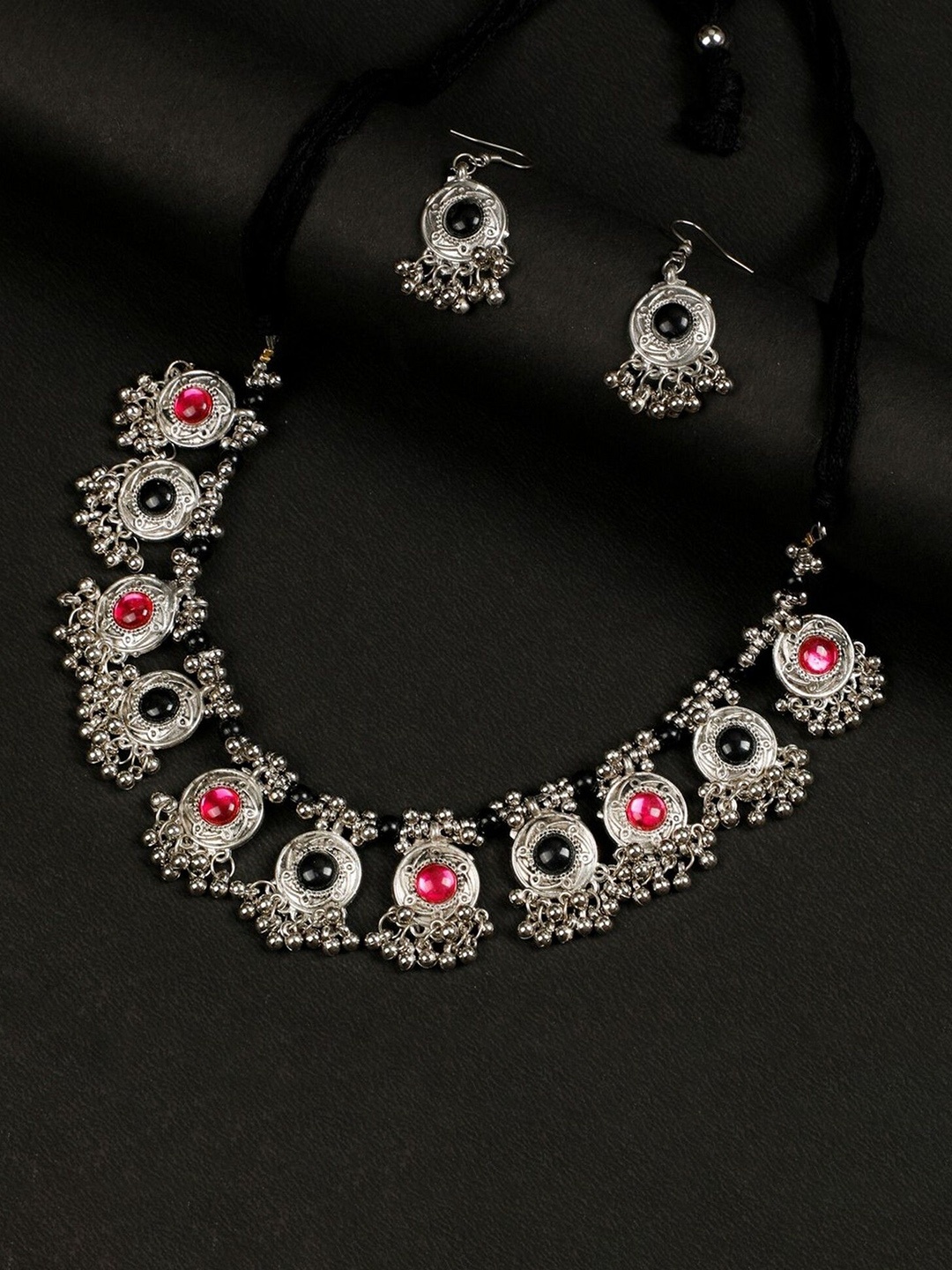 

Oxidized Heaven Sterling Sliver-Plated Stone Studded Textured Jewellery Set, Silver