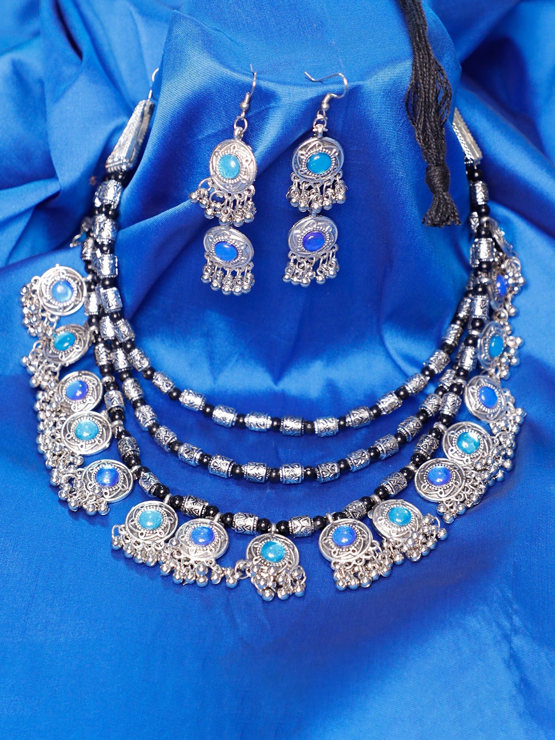 

Oxidized Heaven Silver Plated Stone Studded & Beaded Necklace and Earrings