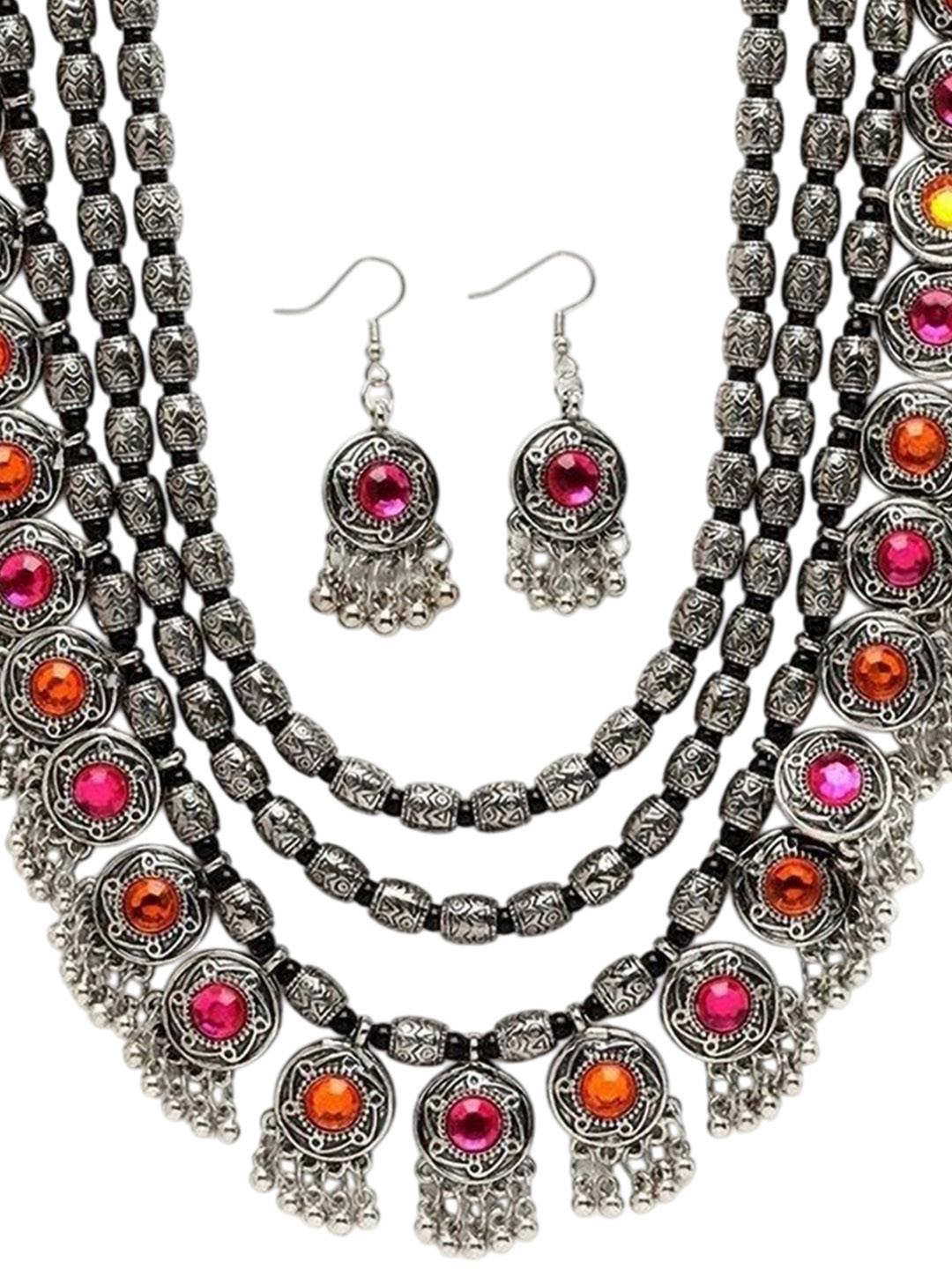 

Oxidized Heaven Sterling Silver-Plated Stone Studded Oxidised Jewellery Set