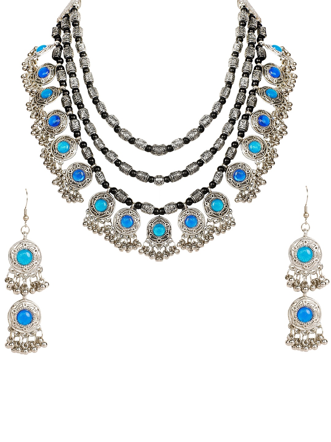 

Oxidized Heaven Sterling Silver Plated Stone Studded Jewellery Set