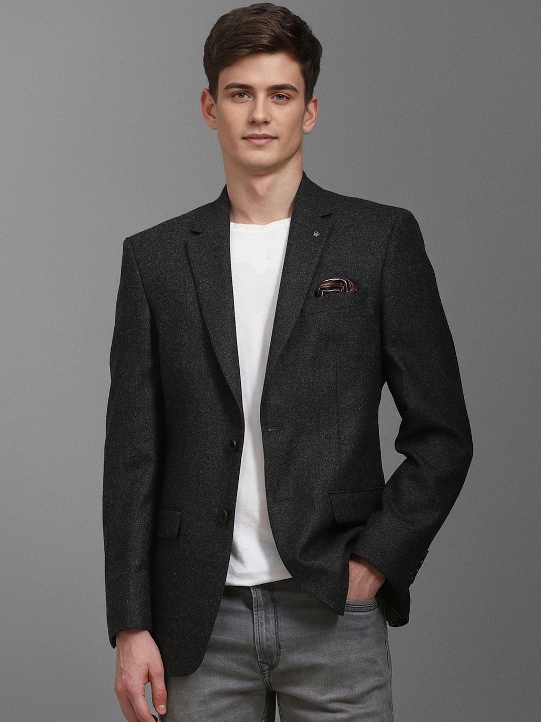 

Louis Philippe Notched Lapel Neck Pure Wool Single-Breasted Blazer, Black