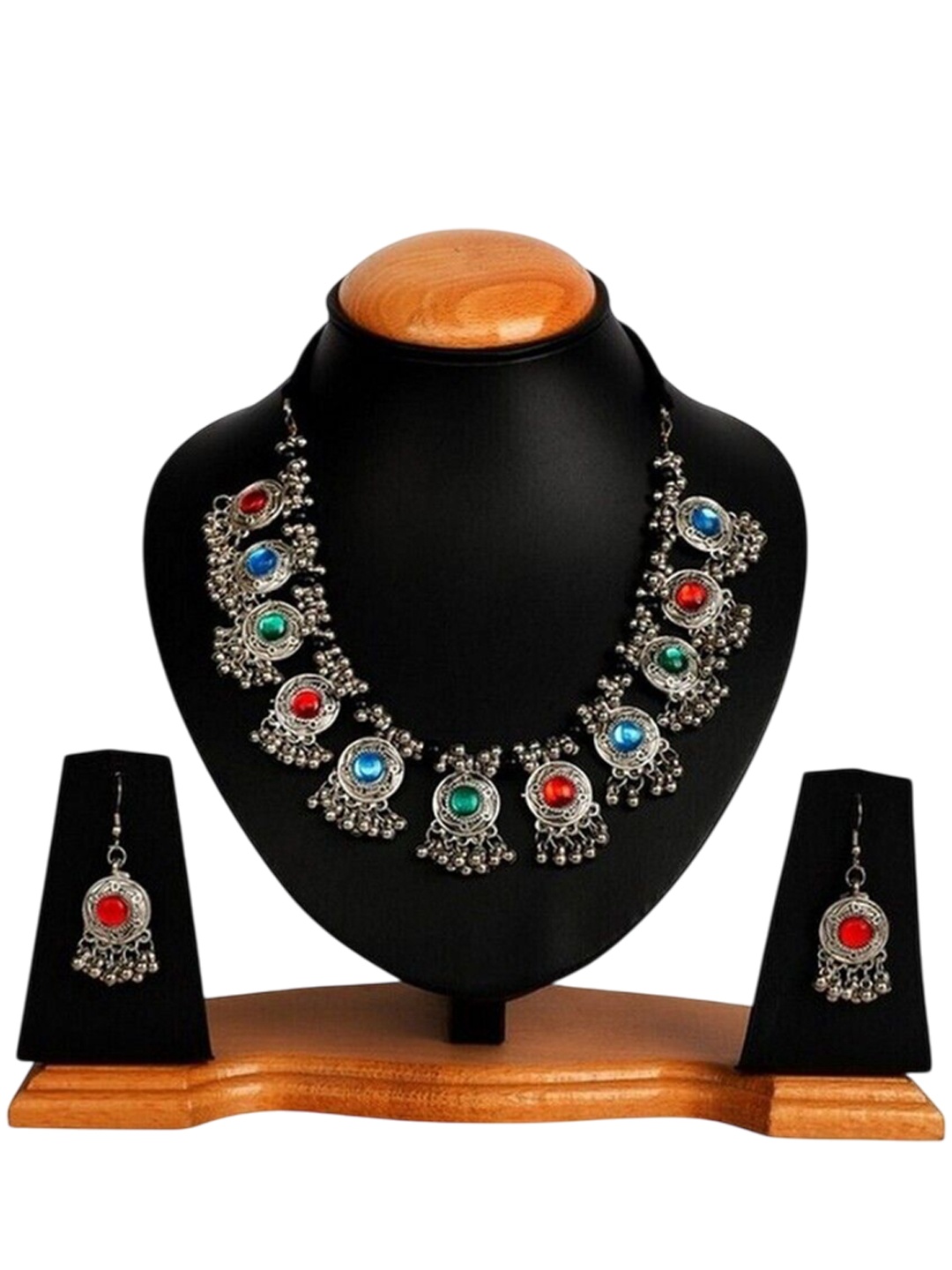 

Oxidized Heaven Sterling Silver-Plated Stone Studded & Beaded Necklace and Earrings